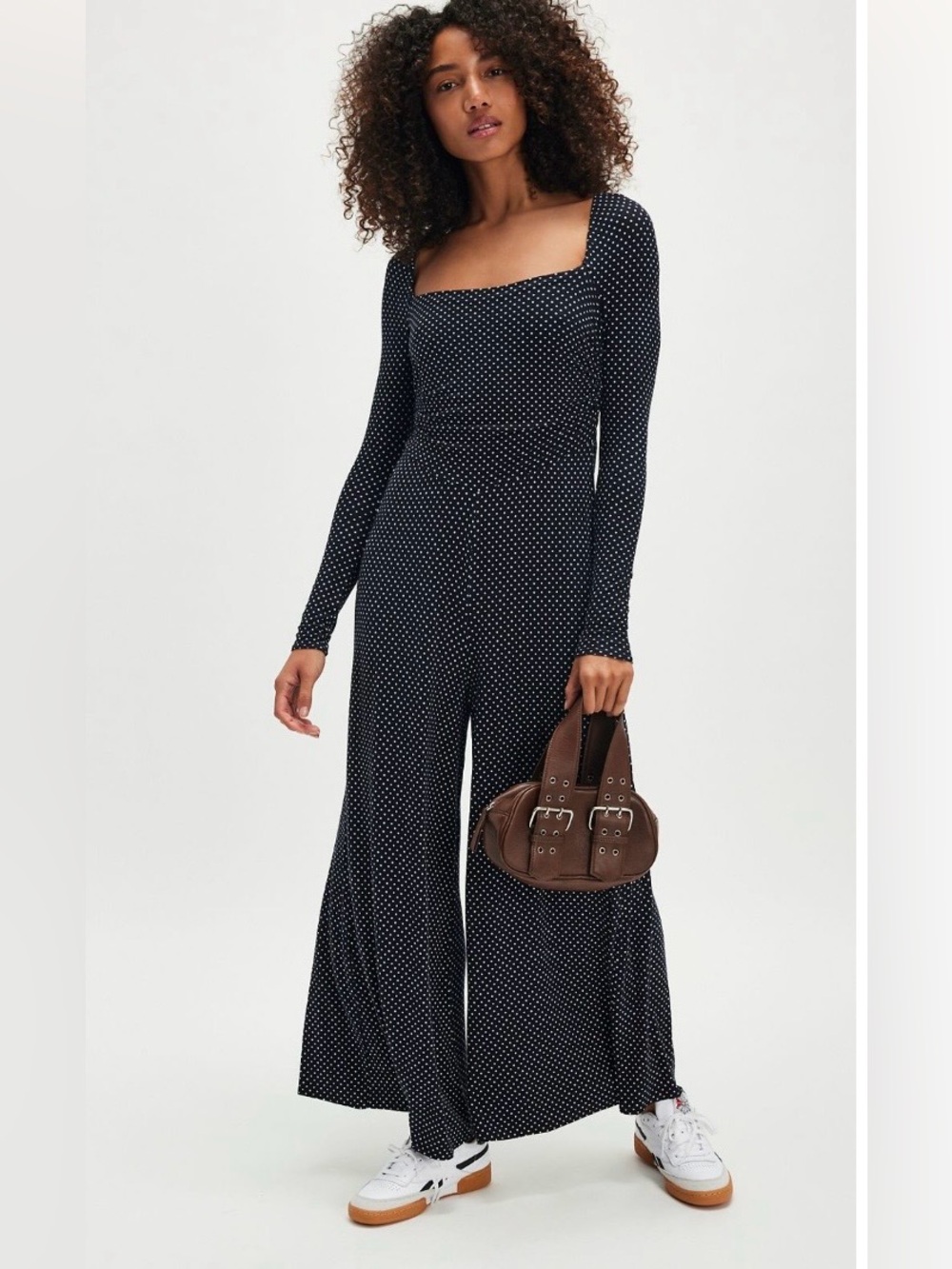 Free People Ashley Black Polka Dot Long-Sleeve Wide-Leg Jumpsuit